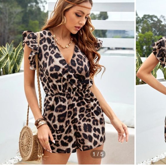 SHEIN Leopard Surplice Neck Ruffle Sleeve Romper Size XL